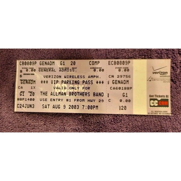 VIP parking pass stub The Allman Brothers Band 8/9/2003 - Picture 1 of 2